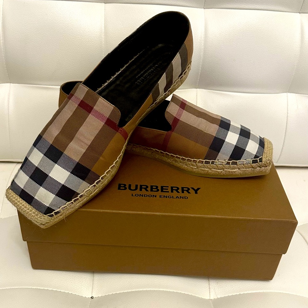BURBERRY BIRCH BROWN CHECK ESPADRILLES FLAT CASUAL SHOES 41/US 10
